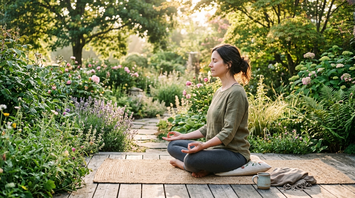 Žena medituje v záhrade pri rannom svetle — rovnováha a pokoj