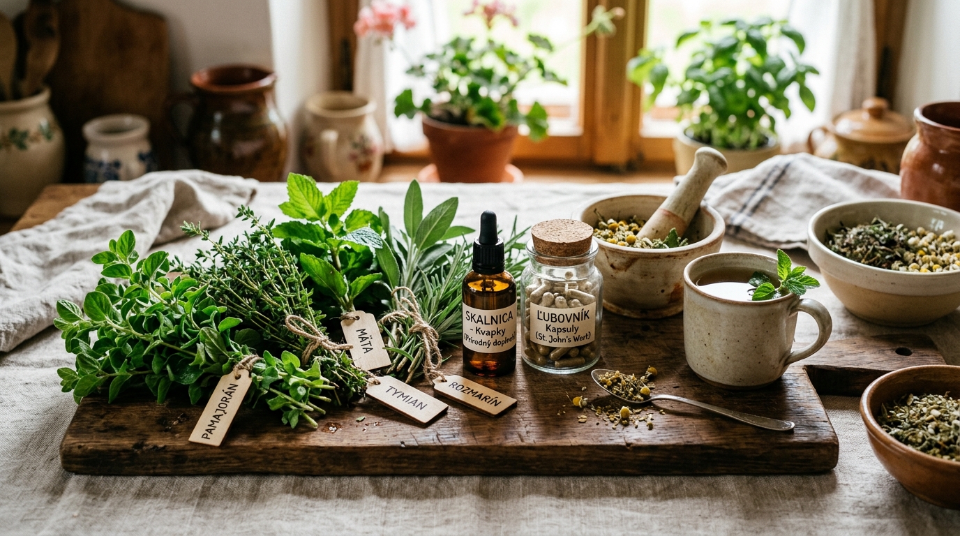 Čerstvé slovenské byliny a prírodné doplnky na drevenej doske